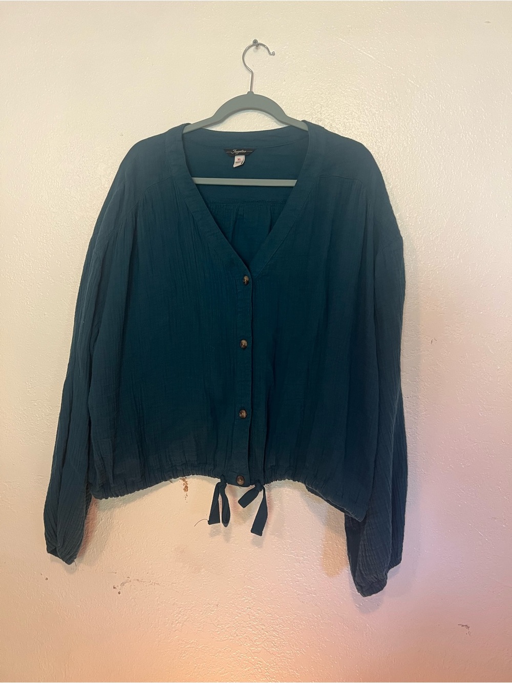 Relaxed Teal Button-Front V-Neck Blouse with Drawstring Hem